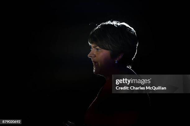Democratic Unionist Party leader Arlene Foster gives her leader's speech during the annual DUP party conference at La Mon House on November 25, 2017...