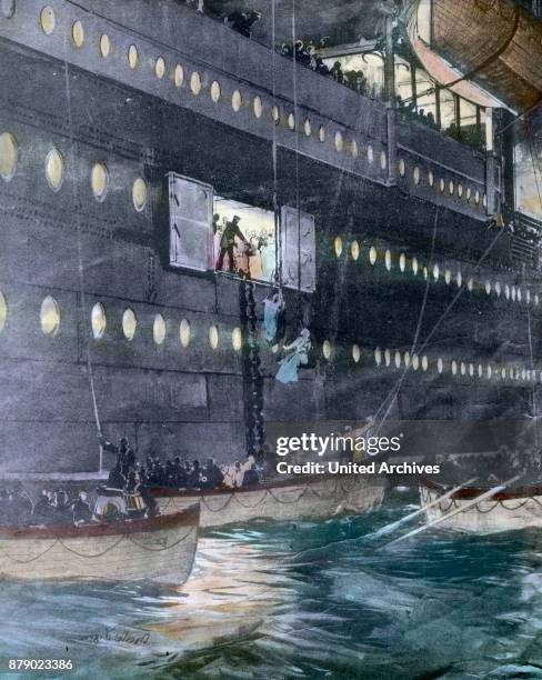 Representation of the situation after the lifeboats are lowered into the water and are loaded with castaways. Many passengers are still on board the...