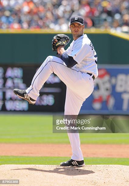 Armando Galarraga of the Detroit Tigers pitches against the Oakland Athletics during the game at Comerica Park on May 17, 2009 in Detroit, Michigan....