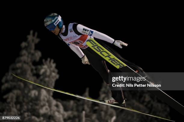 Michael Hayboeck of Austria during the HS142 ski jumping competition at FIS World Cup Ruka Nordic at Ruka Stadium on November 25, 2017 in Kuusamo,...