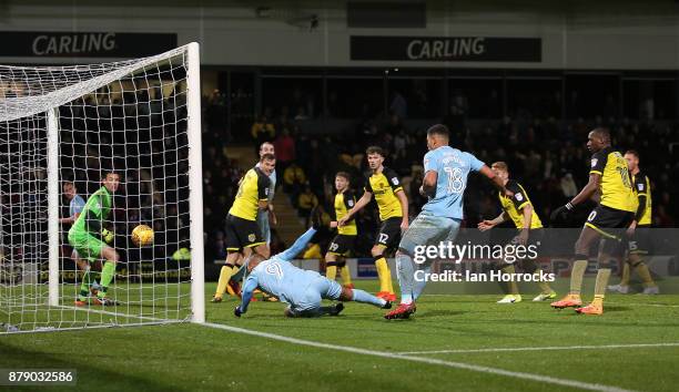 James Vaughn of Sunderland scores the opening goal during the Sky Bet Championship match between Burton Albion and Sunderland at Pirelli Stadium on...