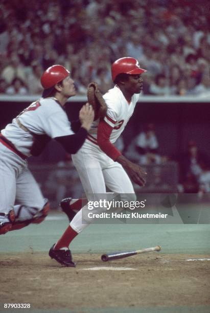 World Series: Boston Red Sox Carlton Fisk in action, fielding bunt by jumping in front of Cincinnati Reds Ed Armbrister . Game 3. Cincinnati, OH...