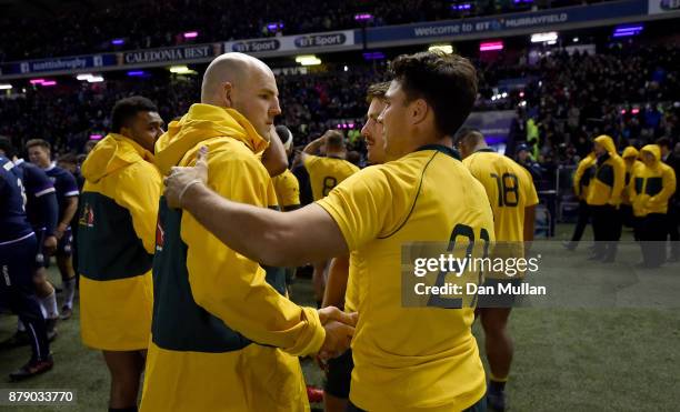 Stephen Moore of Australia and Nick Phipps of Australia embrace after the international match between Scotland and Australia at Murrayfield Stadium...