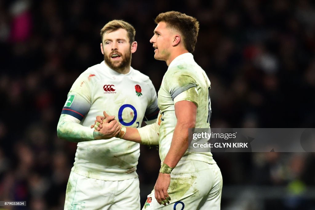 Sam Blade Rugby England's centre Henry Slade celebrates his try during the autumn ...