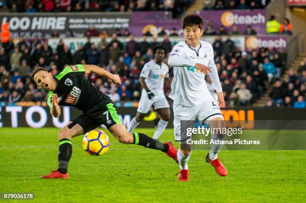 Marc Pugh of Bournemouth reacts during the Premier League match between Swansea City and Bournemouth at The Liberty Stadium on November 25, 2017 in...