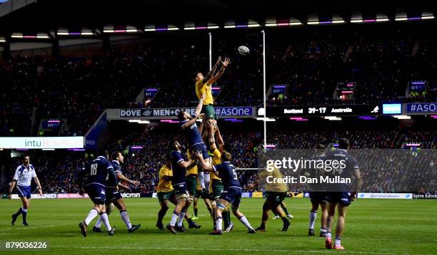 Sean McMahon of Australia wins a lineout ball during the international match between Scotland and Australia at Murrayfield Stadium on November 25,...