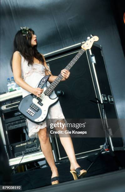 Image contains nudity.) Paz Lenchantin, A Perfect Circle, nipple slip, performing on stage, Rock Werchter Festival, Werchter, Belgium, 2nd July 2000.