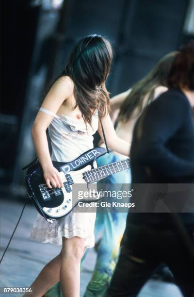 Image contains nudity.) Paz Lenchantin, A Perfect Circle, nipple slip, performing on stage, Rock Werchter Festival, Werchter, Belgium, 2nd July 2000.