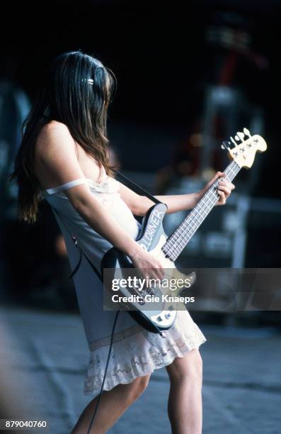 Image contains nudity.) Paz Lenchantin, A Perfect Circle, nipple slip, performing on stage, Rock Werchter Festival, Werchter, Belgium, 2nd July 2000.