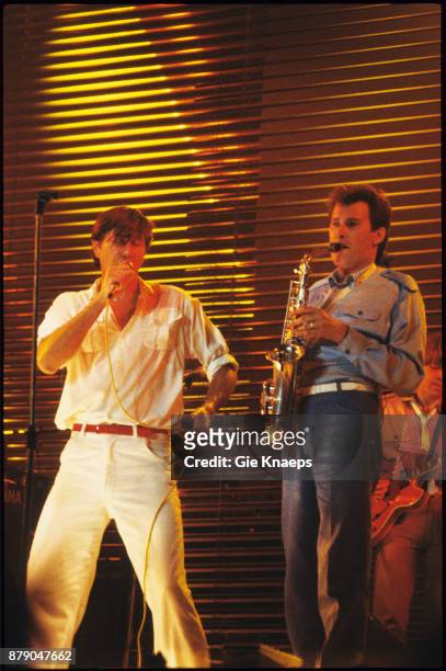 Brian Ferry, Andy Mackay, Roxy Music, performing on stage, Vorst Nationaal, Brussels, Belgium, 4th June 1980.