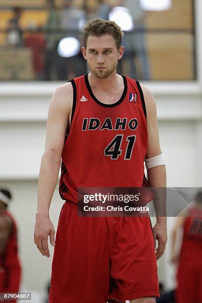 Lance Allred of the Idaho Stampede takes a break from the action during the 2009 D-League Playoffs against the Austin Toros on April 15, 2009 at the...