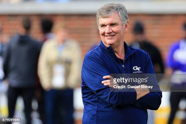 Head coach Paul Johnson of the Georgia Tech Yellow Jackets looks on during warm ups prior to the game against the Georgia Bulldogs at Bobby Dodd...