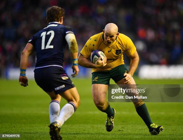 Stephen Moore of Australia takes on Peter Horne of Scotland during the International match between Scotland and Australia at Murrayfield Stadium on...
