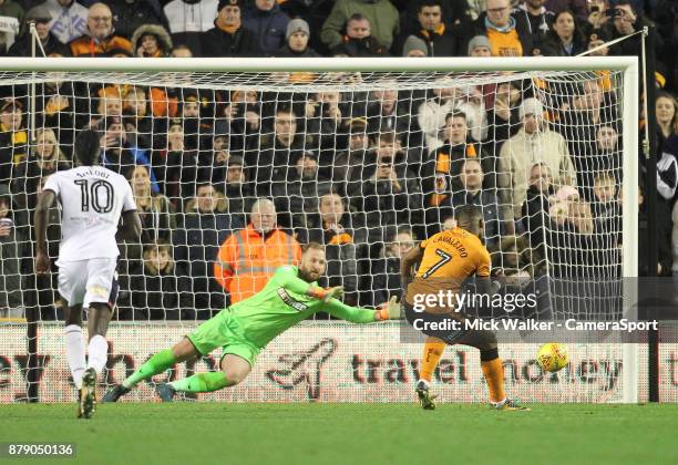 Wolverhampton Wanderers Ivan Cavaleiro beats Bolton Wanderers Ben Alnwick from the penalty spot during the Sky Bet Championship match between...