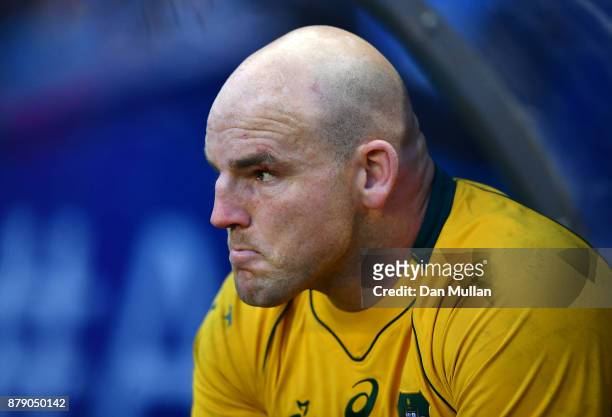 Stephen Moore of Australia looks on from the dugout after being substituted in his final test match during the International match between Scotland...
