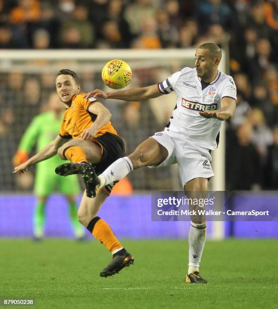 Bolton Wanderers Darren Pratley battles with Wolverhampton Wanderers Diogo Jota during the Sky Bet Championship match between Wolverhampton and...