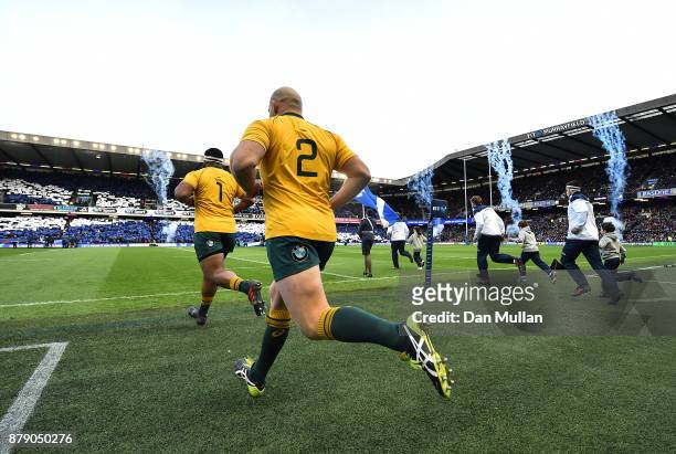 Stephen Moore of Australia takes to the field for his final test match during the International match between Scotland and Australia at Murrayfield...