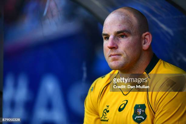 Stephen Moore of Australia looks on from the dugout after being substituted in his final test match during the International match between Scotland...