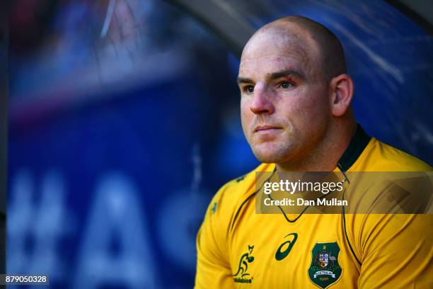 Stephen Moore of Australia looks on from the dugout after being substituted in his final test match during the International match between Scotland...