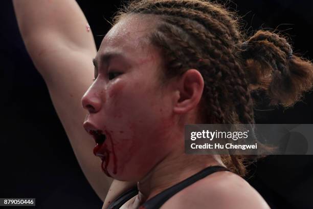 Yan Xiaonan at her women's strawweight against Kailin Curran during the UFC Fight Night at Mercedes-Benz Arena on November 25, 2017 in Shanghai,...