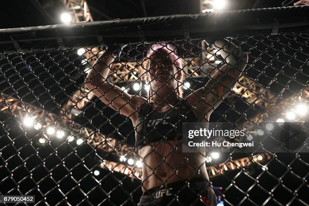 Gina Mazany rests during the UFC Fight Night at Mercedes-Benz Arena on November 25, 2017 in Shanghai, China.
