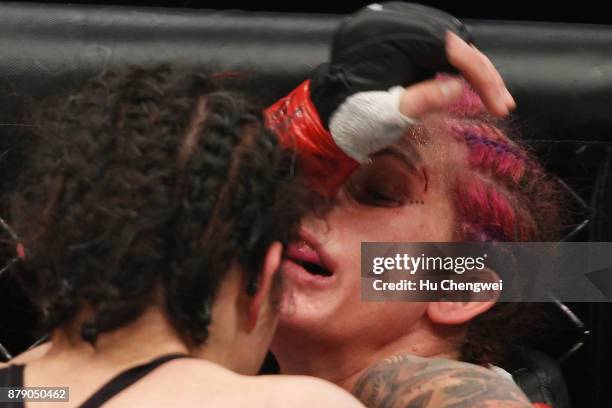 Wu Yanan fights with Gina Mazany during the UFC Fight Night at Mercedes-Benz Arena on November 25, 2017 in Shanghai, China.