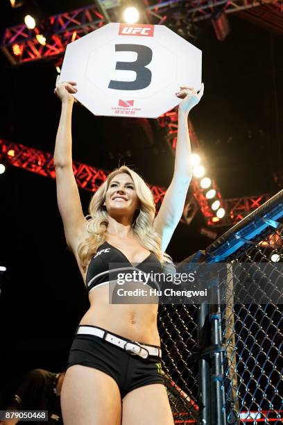 Octagon girl walks during the UFC Fight Night at Mercedes-Benz Arena on November 25, 2017 in Shanghai, China.