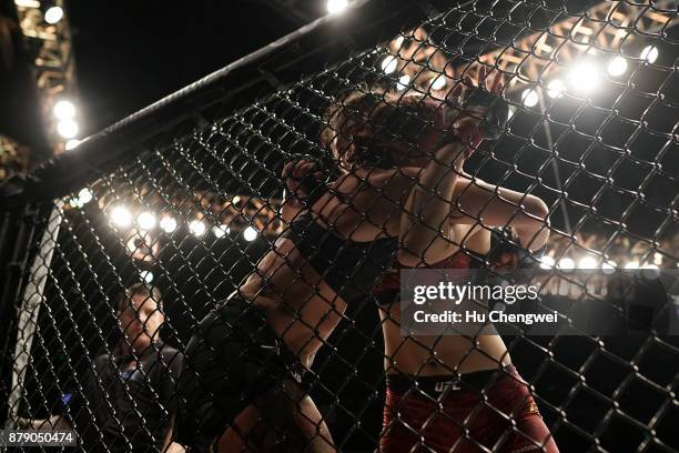 Wu Yanan fights with Gina Mazany during the UFC Fight Night at Mercedes-Benz Arena on November 25, 2017 in Shanghai, China.