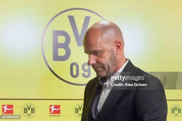 Head coach Peter Bosz of Dortmund reacts during the press conference after the Bundesliga match between Borussia Dortmund and FC Schalke 04 at Signal...