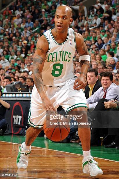 Stephon Marbury of the Boston Celtics moves the ball up court against the Orlando Magic in Game Five of the Eastern Conference Semifinals during the...