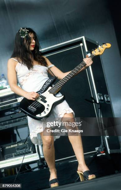 Image contains nudity.) Paz Lenchantin, A Perfect Circle, nipple slip, performing on stage, Rock Werchter Festival, Werchter, Belgium, 2nd July 2000.