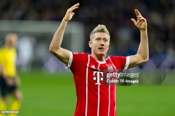 Robert Lewandowski of FC Bayern Munchen celebrates after scoring his team`s first goal during the UEFA Champions League match between Anderlecht v...