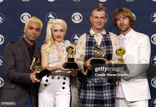 Tony Kanal, Gwen Stefani, Adrian Young and Tom Dumont of No Doubt, winner for Best Pop Performance By A Duo Or Group With Vocal, pose during the 46th...