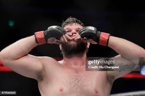 Cyril Asker reacts after his fight with Hu Yaozong during the UFC Fight Night at Mercedes-Benz Arena on November 25, 2017 in Shanghai, China.