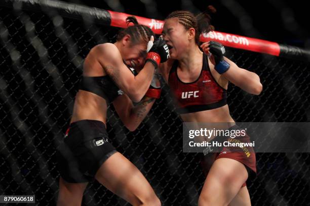 Yan Xiaonan fights with Kailin Curran during the UFC Fight Night at Mercedes-Benz Arena on November 25, 2017 in Shanghai, China.