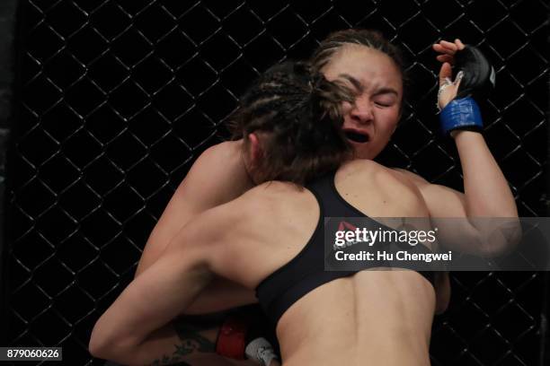 Yan Xiaonan fights with Kailin Curran during the UFC Fight Night at Mercedes-Benz Arena on November 25, 2017 in Shanghai, China.