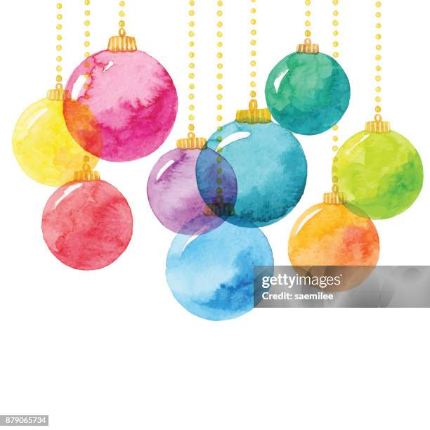 urlaub-hintergrund mit aquarell weihnachtskugeln - hanging christmas lights stock-grafiken, -clipart, -cartoons und -symbole