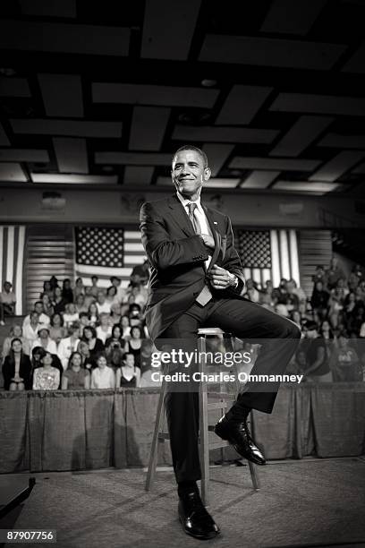 Presumptive Democratic presidential candidate Sen. Barack Obama at a town hall meeting in the gymnasium at Robinson Secondary School July 10, 2008 in...