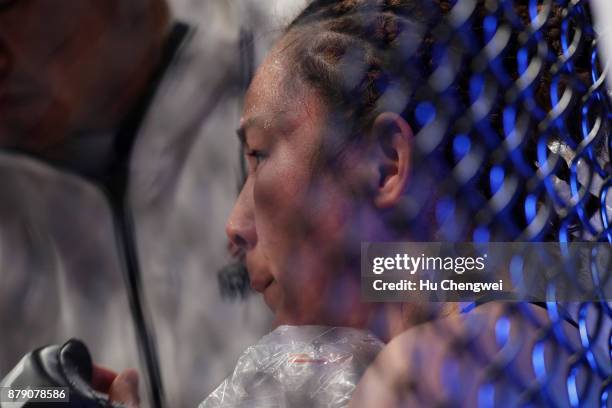 Yan Xiaonan rests during the UFC Fight Night at Mercedes-Benz Arena on November 25, 2017 in Shanghai, China.