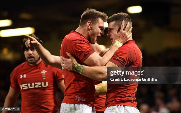 Scott Williams of Wales celebrates scoring his sides first try with Dan Biggar of Wales with during the International match between Wales and New...