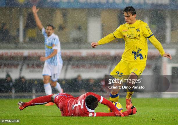 Alfred Gomis goalkeeper of Spal saves a shot from Roberto Inglese of Chievo Verona during the Serie A match between AC Chievo Verona and Spal at...
