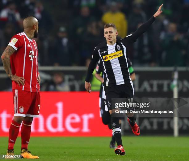 Thorgan Hazard of Moenchengladbach celebrates after he scored a penalty goal to make it 1:0 during the Bundesliga match between Borussia...