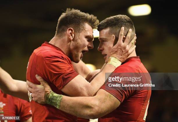 Scott Williams of Wales celebrates scoring his sides first try with Dan Biggar of Wales with during the International match between Wales and New...