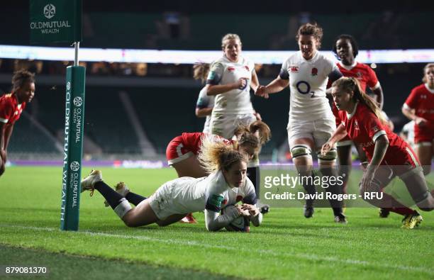 Abigail Dow of England scores a try during the Old Mutual Wealth Series match between England and Canada at Twickenham Stadium on November 25, 2017...