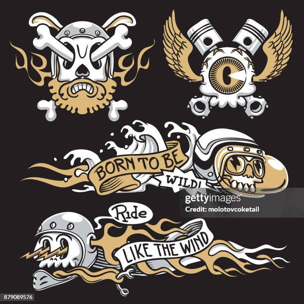 classic motorcycle decal art set - piston cartoon stock illustrations