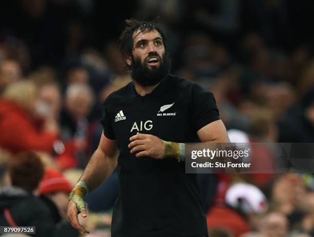 Sam Whitelock of New Zealand reacts to being sinbinned during the International match between Wales and New Zealand at Principality Stadium on...