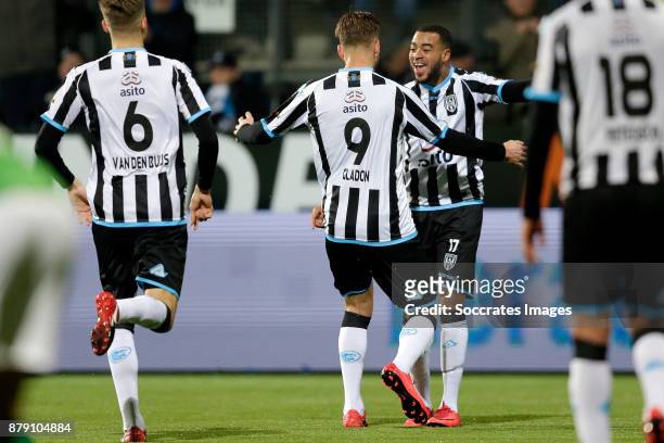 Paul Gladon of Heracles Almelo celebrates 2-1 with Brandley Kuwas of Heracles Almelo during the Dutch Eredivisie match between Heracles Almelo v NAC...