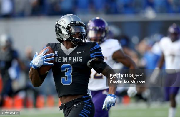 Anthony Miller of the Memphis Tigers runs for a touchdown after the catch against the East Carolina Pirates on November 25, 2017 at Liberty Bowl...