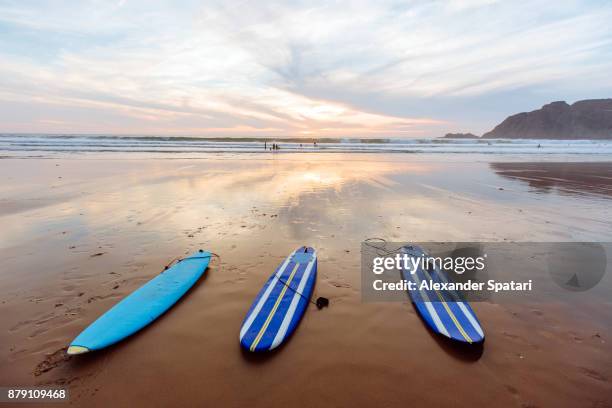 surfboards lying on the beach - idyllic surfboard stock pictures, royalty-free photos & images