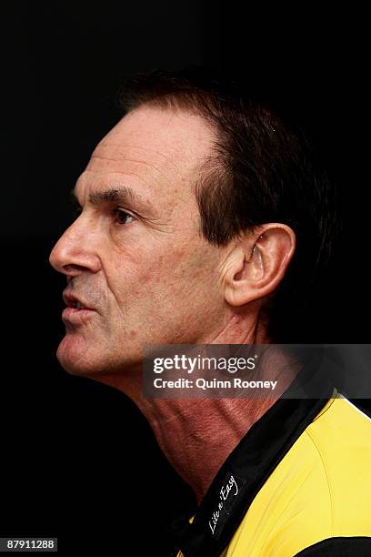 Terry Wallace the coach of the Tigers speaks to the media during the Richmond Tigers AFL training session at Punt Road Oval on May 22, 2009 in...